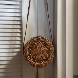 Round Woven Ratan Tan Crossbody Bag